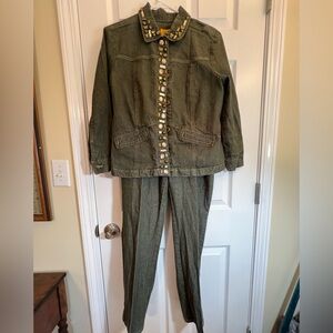 Ladies Ruby Rd. Vintage denim green gold jeweled holiday jacket pantsuit 12P